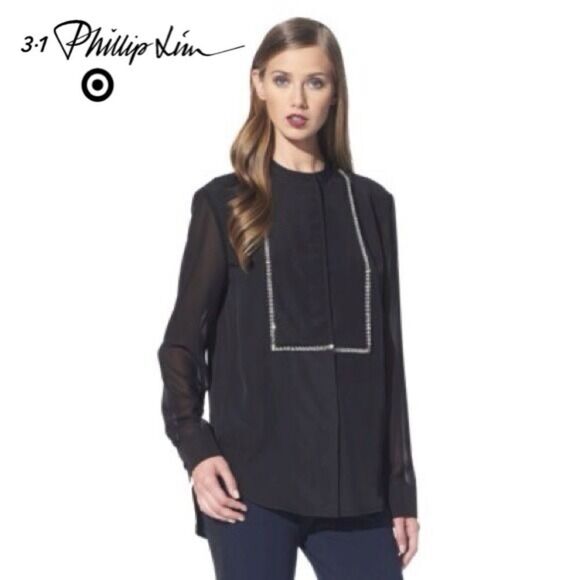 3.1 Phillip Lim Black Sheer Button-Up Crystal Tuxedo Blouse Women Size S - Picture 1 of 9